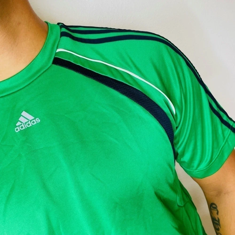 Adidas Men’s Green Short Sleeve Crewneck Striped Activewear Athletic Shirt Sz L